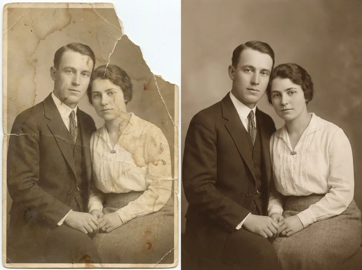 AI photo restoration example showing damaged prints repaired and cleaned