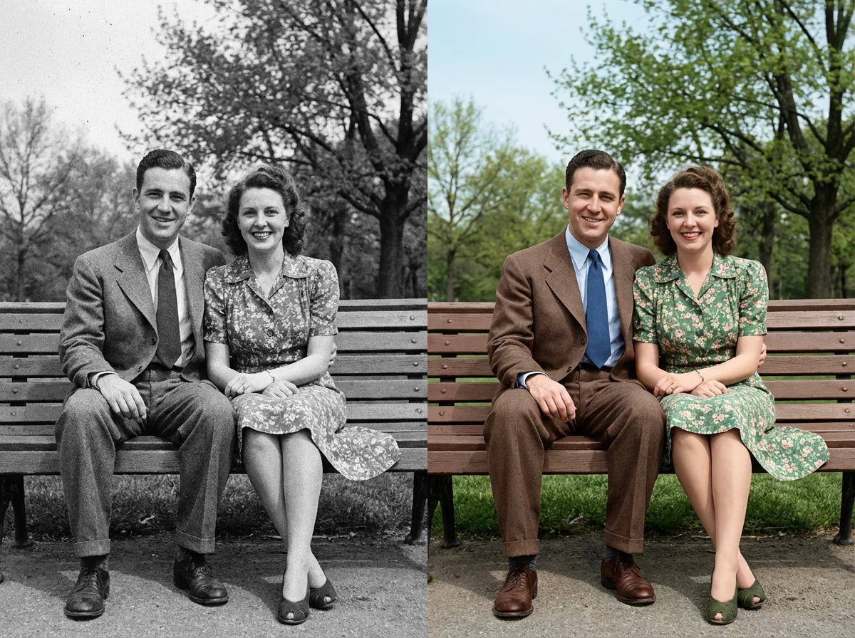 AI photo restoration example with a black-and-white photo colorized using AI