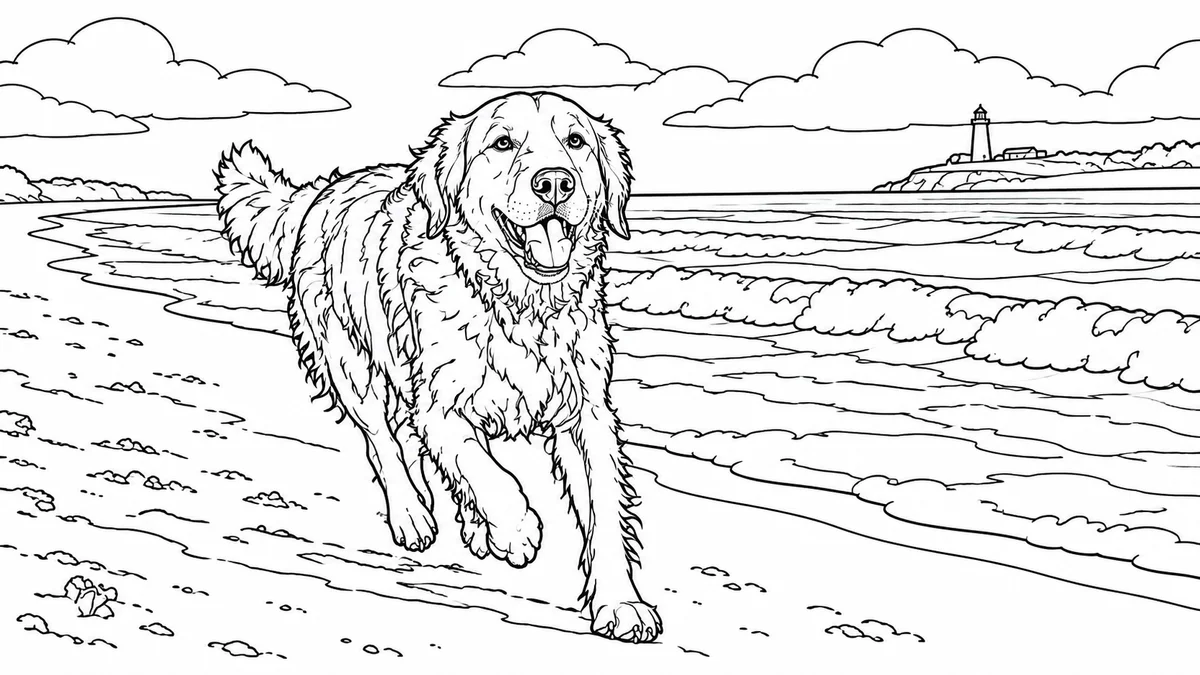 Coloring page made from a photo of a golden retriever running on a beach