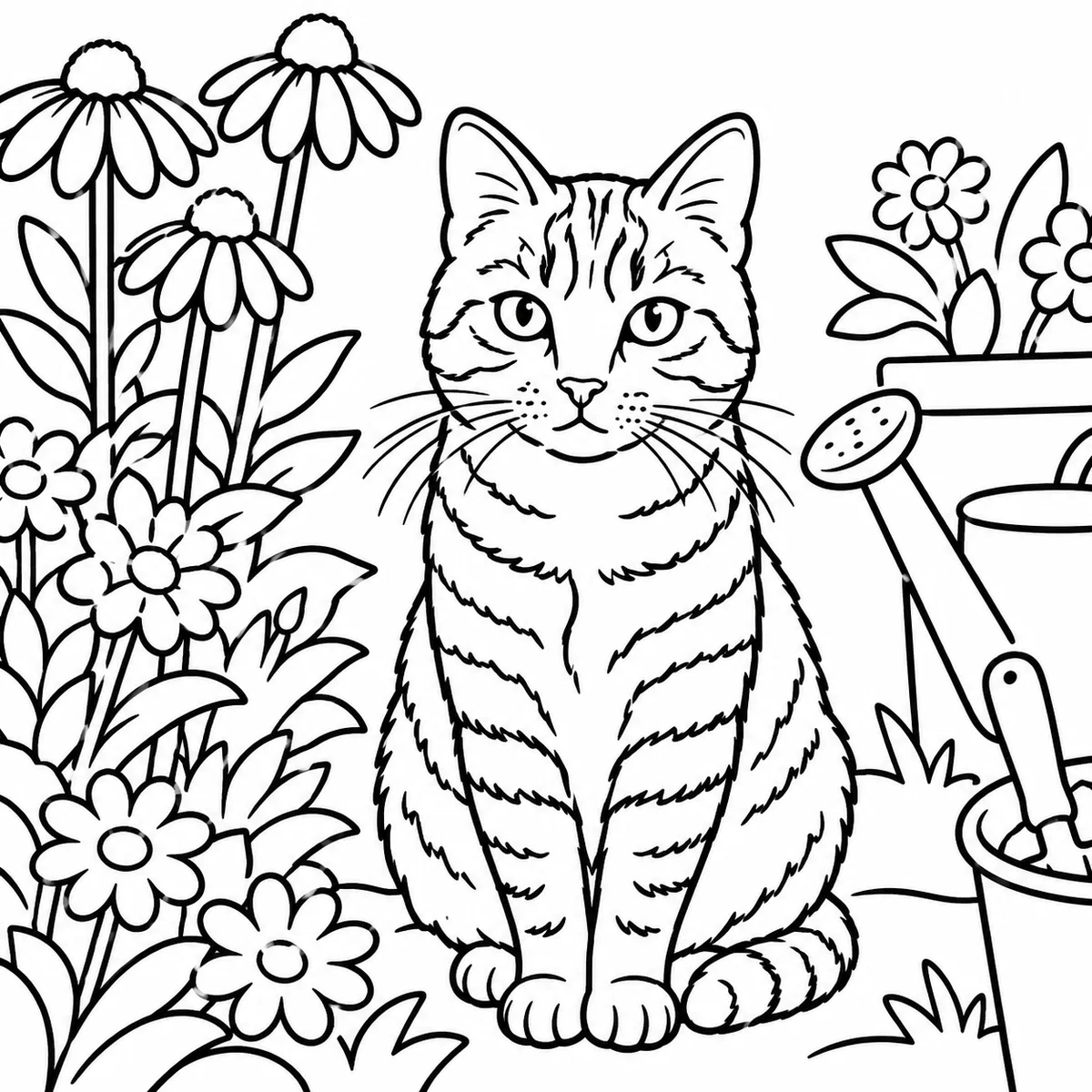 Coloring page made from a photo of a tabby cat in a garden full of flowers