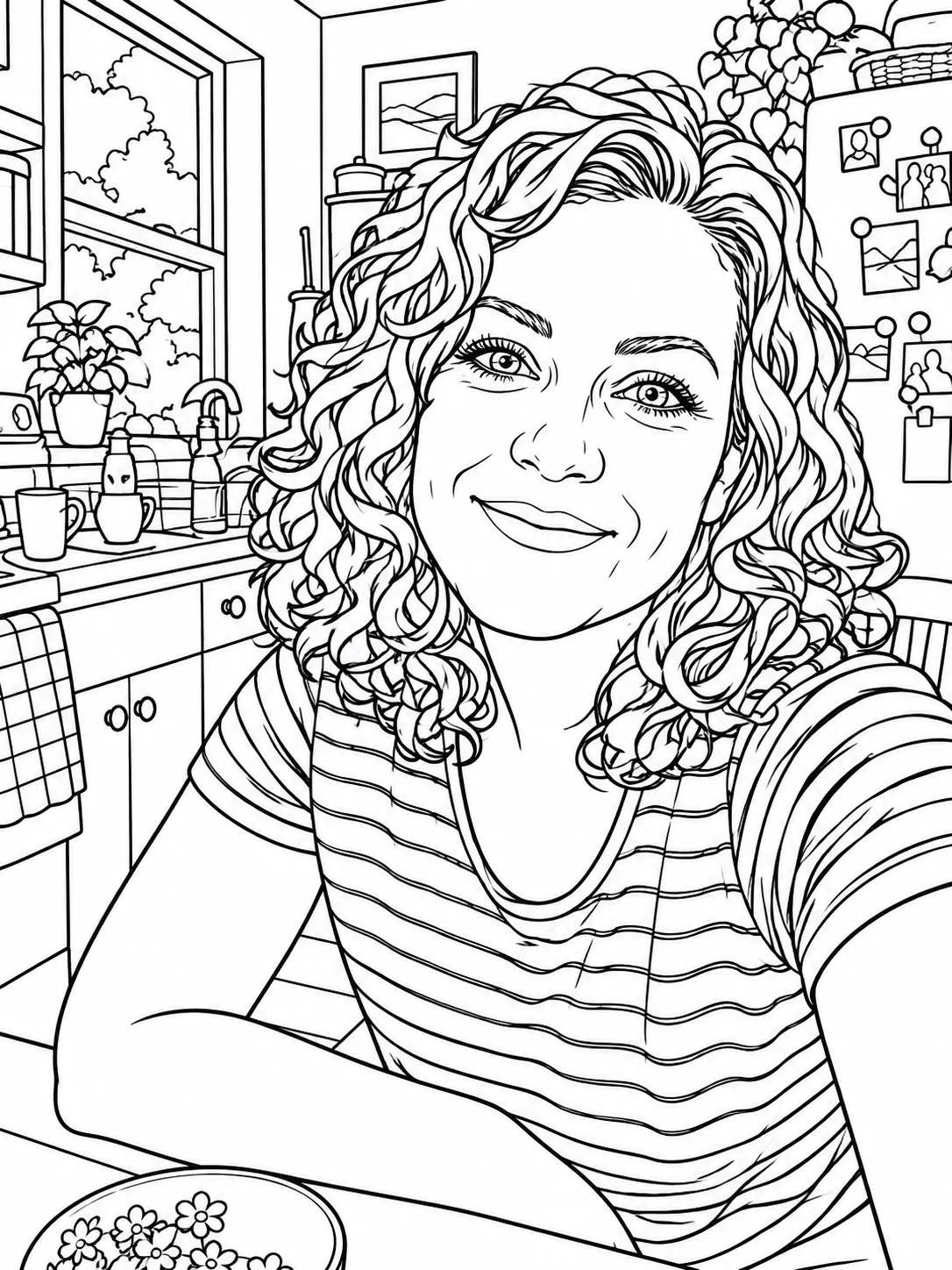 Coloring page made from a photo of a woman with curly hair at a kitchen table