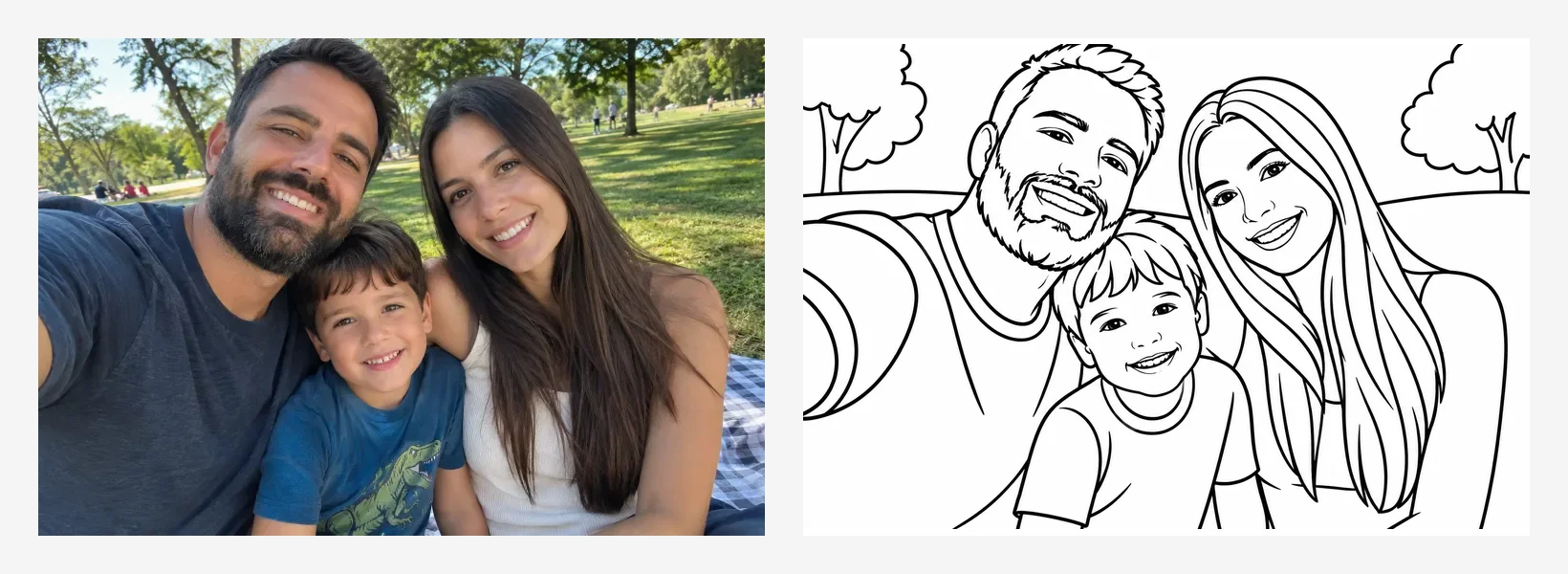 A family photo next to the coloring page made from it with the photo to coloring page converter