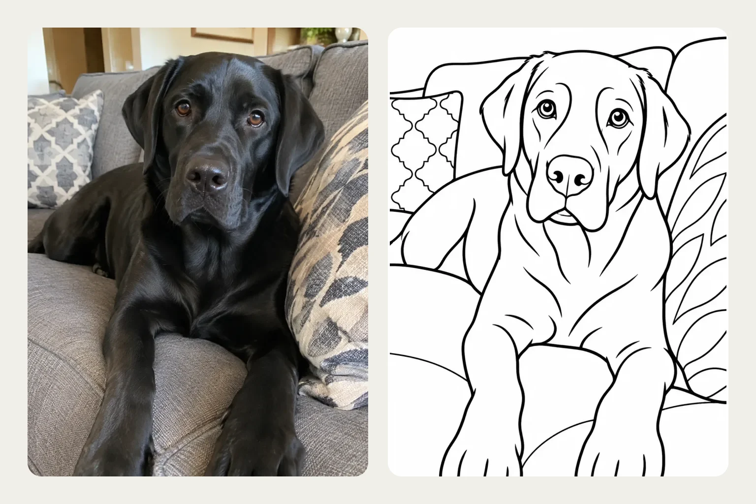 Photo to Coloring Page converter turning a dog photo into a printable coloring page