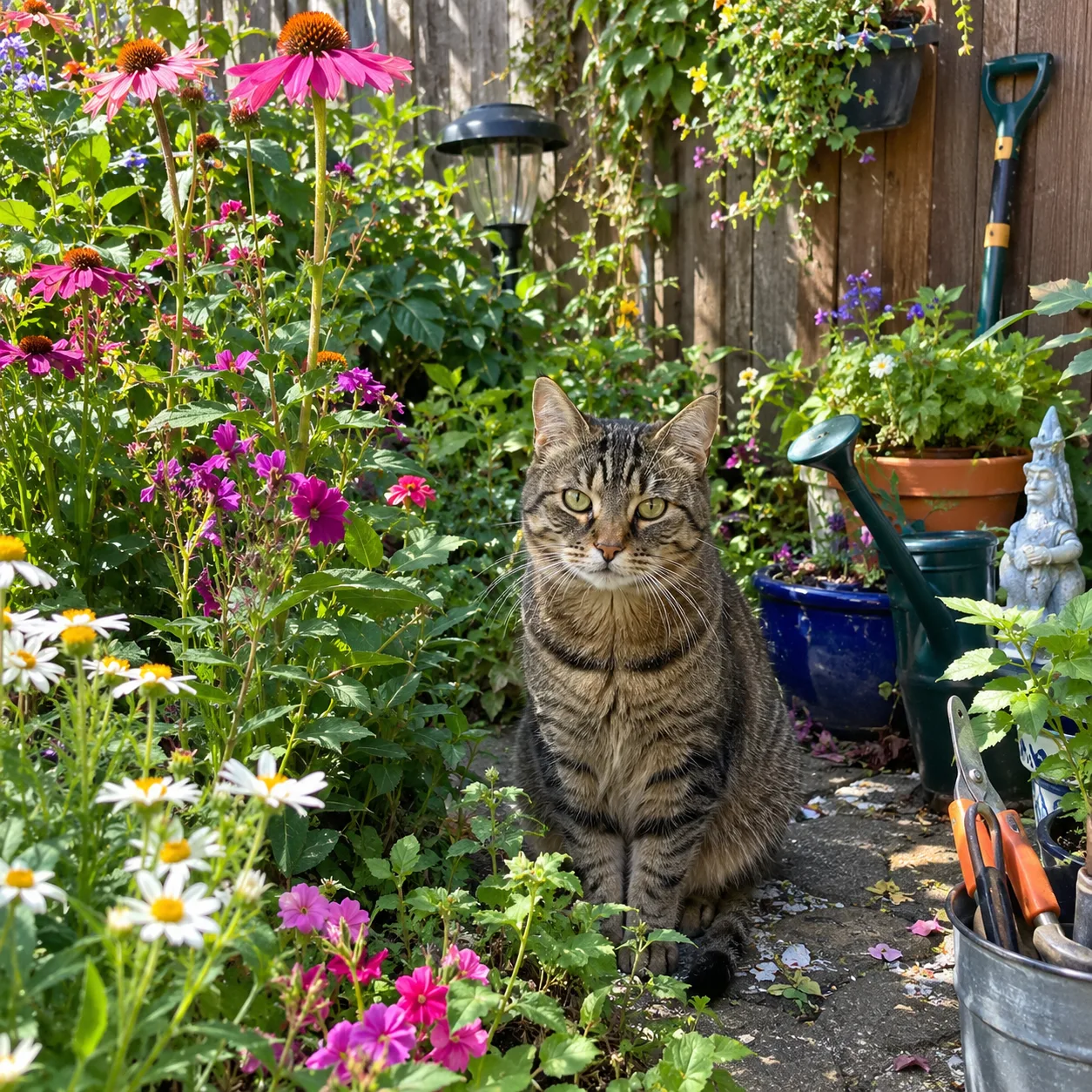 Original photo: a tabby cat in a garden full of flowers