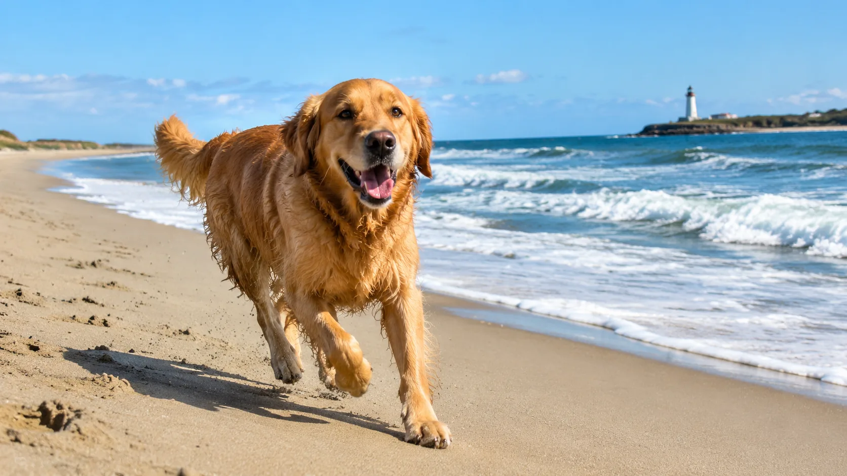 Original photo: a golden retriever running on a beach