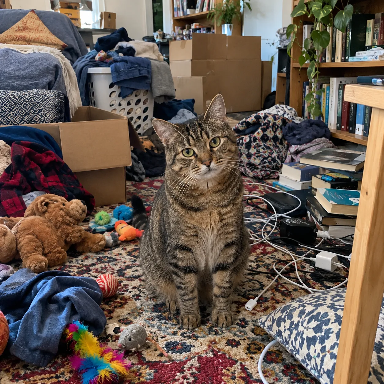 A cat in a cluttered room
