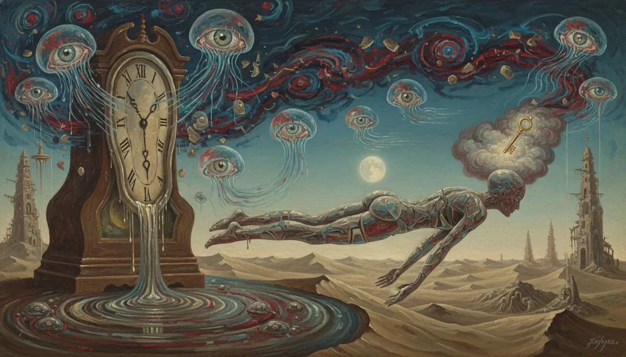 Visual output from Seedream 4.0 AI image model — surreal dreamscape painting with flowing shapes and rich color contrasts