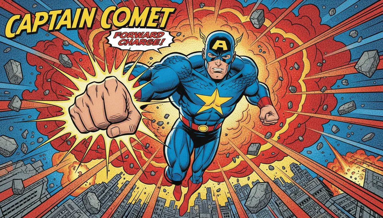 Comic-style AI illustration generated by Nano Banana model, featuring bold outlines, vivid colors, and a dynamic superhero pose