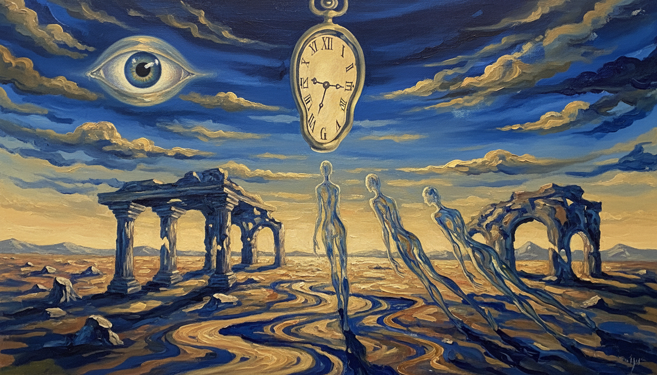 Surreal oil painting generated by Nano Banana AI model — melting shapes, floating forms, and dreamlike brushstrokes in vivid colors