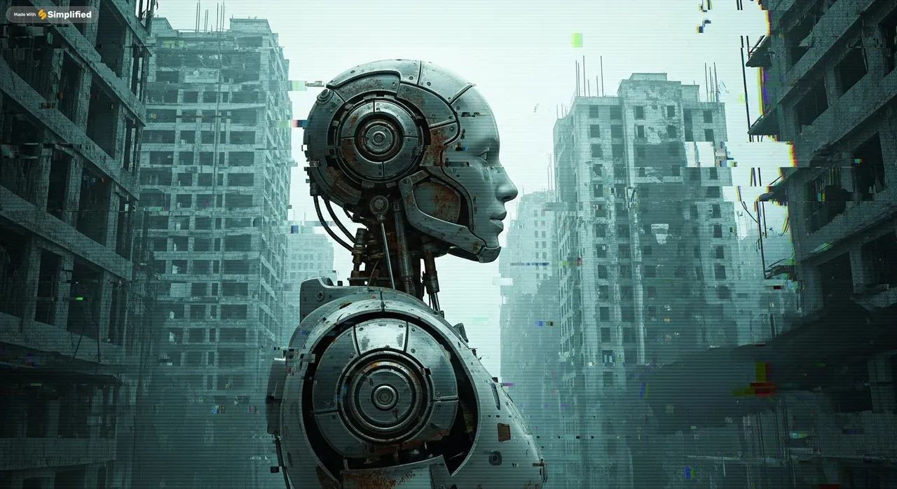 AI-generated glitch-style city artwork created using Simplified AI image generator, highlighting its visual creativity.