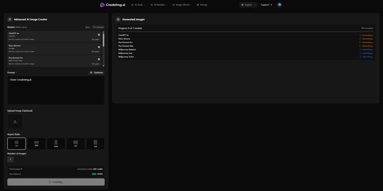 Example showing Createimg.AI generating multiple AI images simultaneously using different models like Flux.1, Seedream, and Nano Banana.
