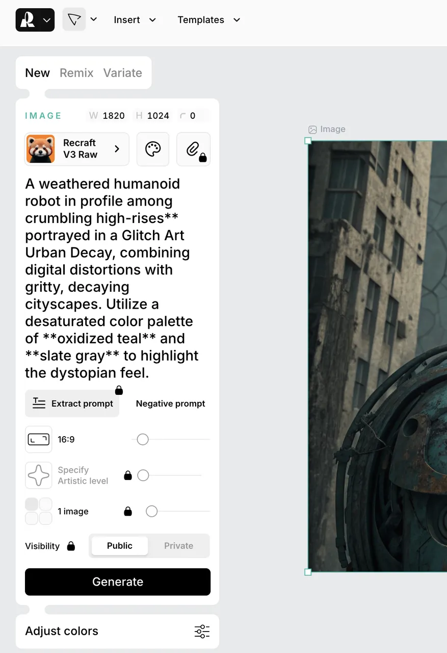 Screenshot showing Recraft AI image editor interface used for fine-tuning AI-generated illustrations and vector graphics.