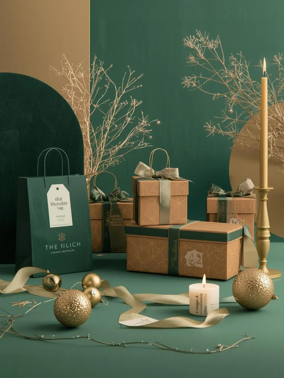 Christmas branding composition with gift bags, tags and champagne gold accents
