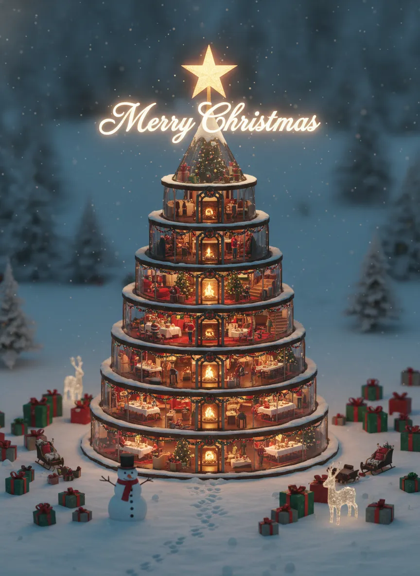 Aerial 3D diorama with snowy ground, snowman and presents, soft volumetric glow