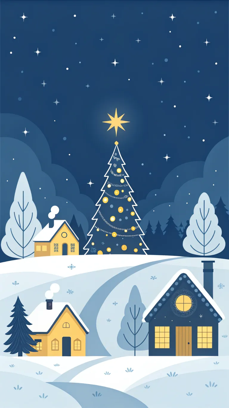 Minimalist Christmas phone wallpaper with snowy village and glowing tree (9:16)