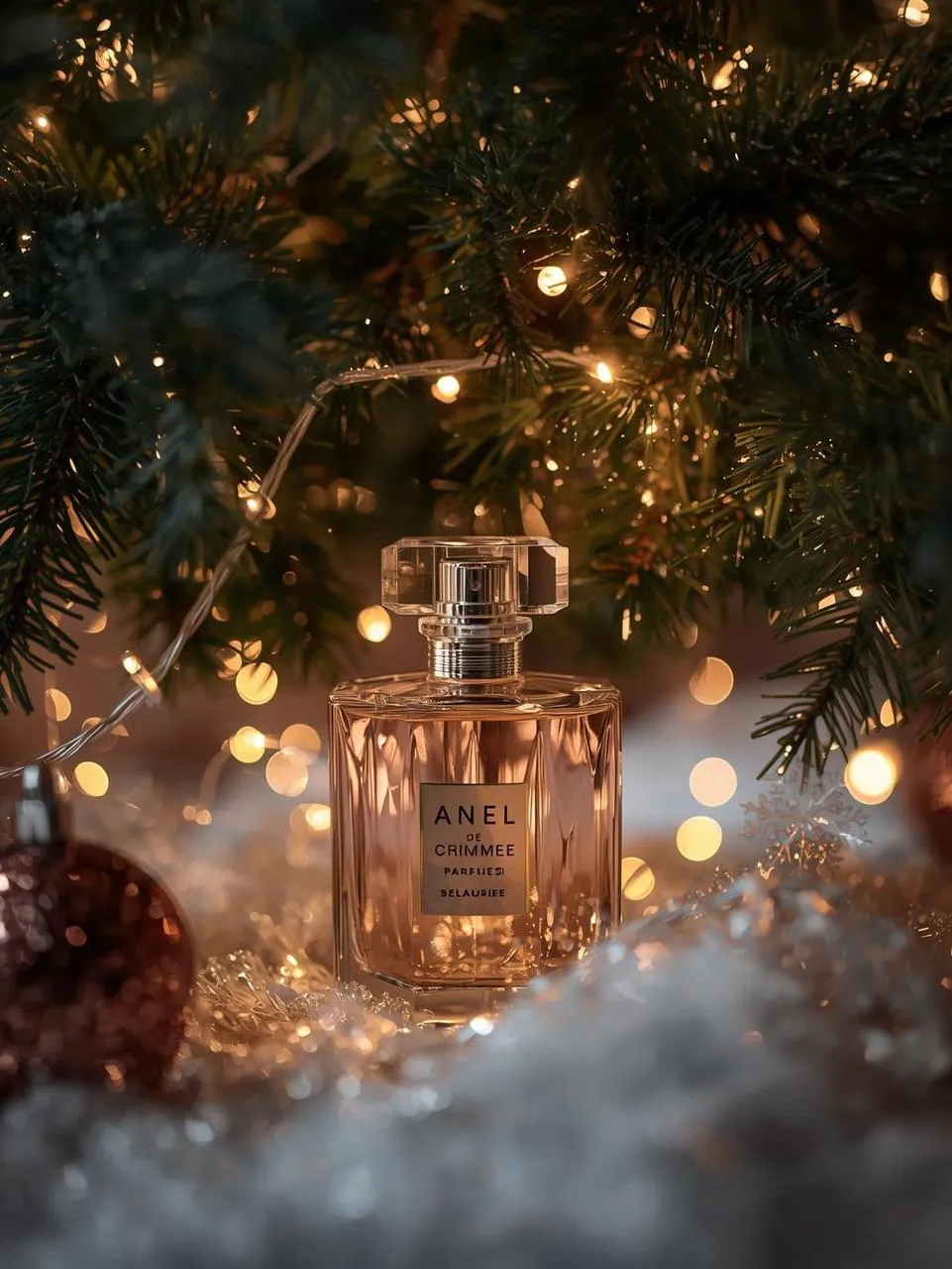 Festive perfume product shot with glossy reflections and shallow depth of field