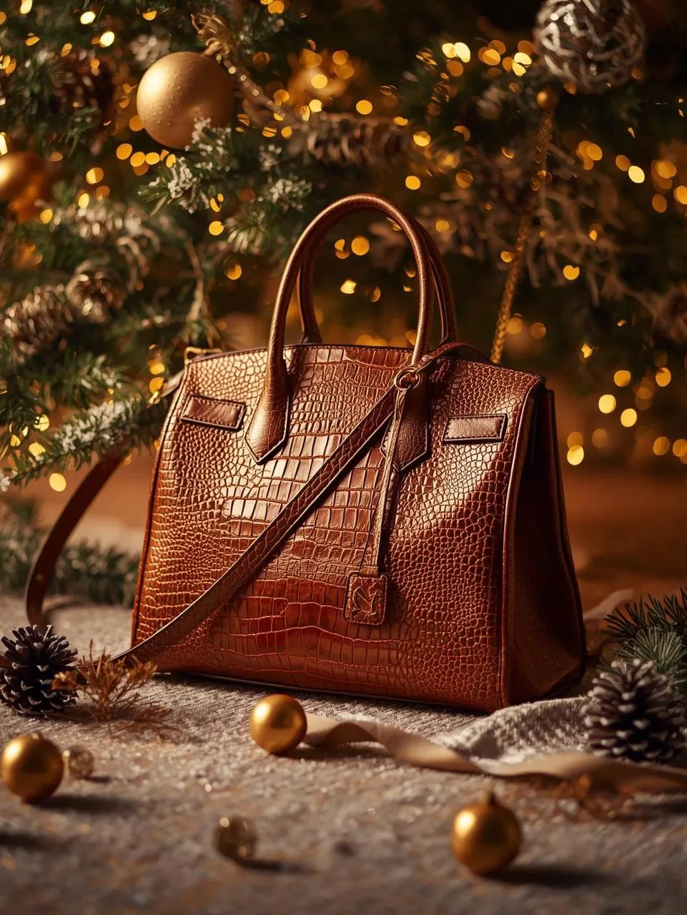 Fashion holiday handbag setup with pinecones and warm fairy lights