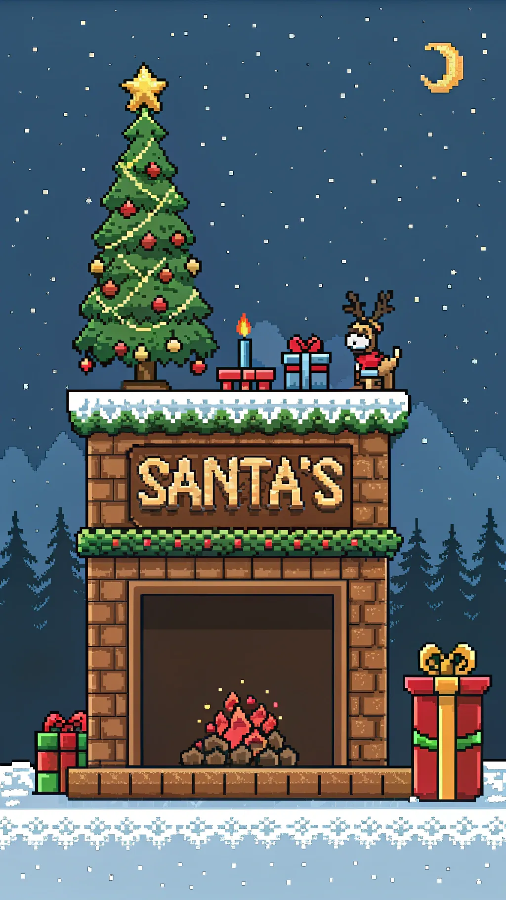 Retro pixel art Christmas scene with gifts, star topper and soft snow effects