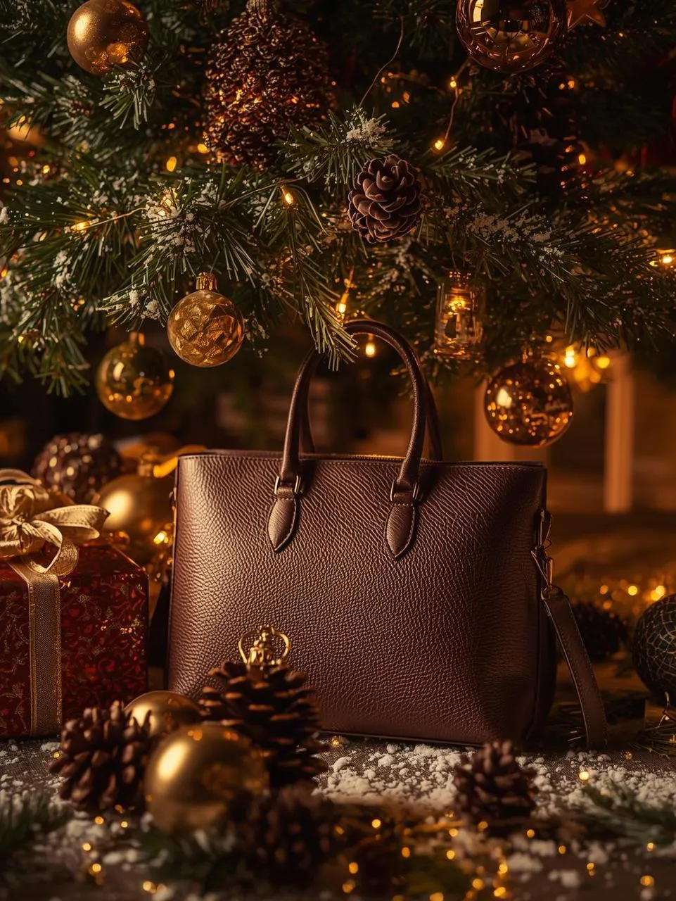 High-end handbag Christmas scene with soft artificial snow and cinematic tones
