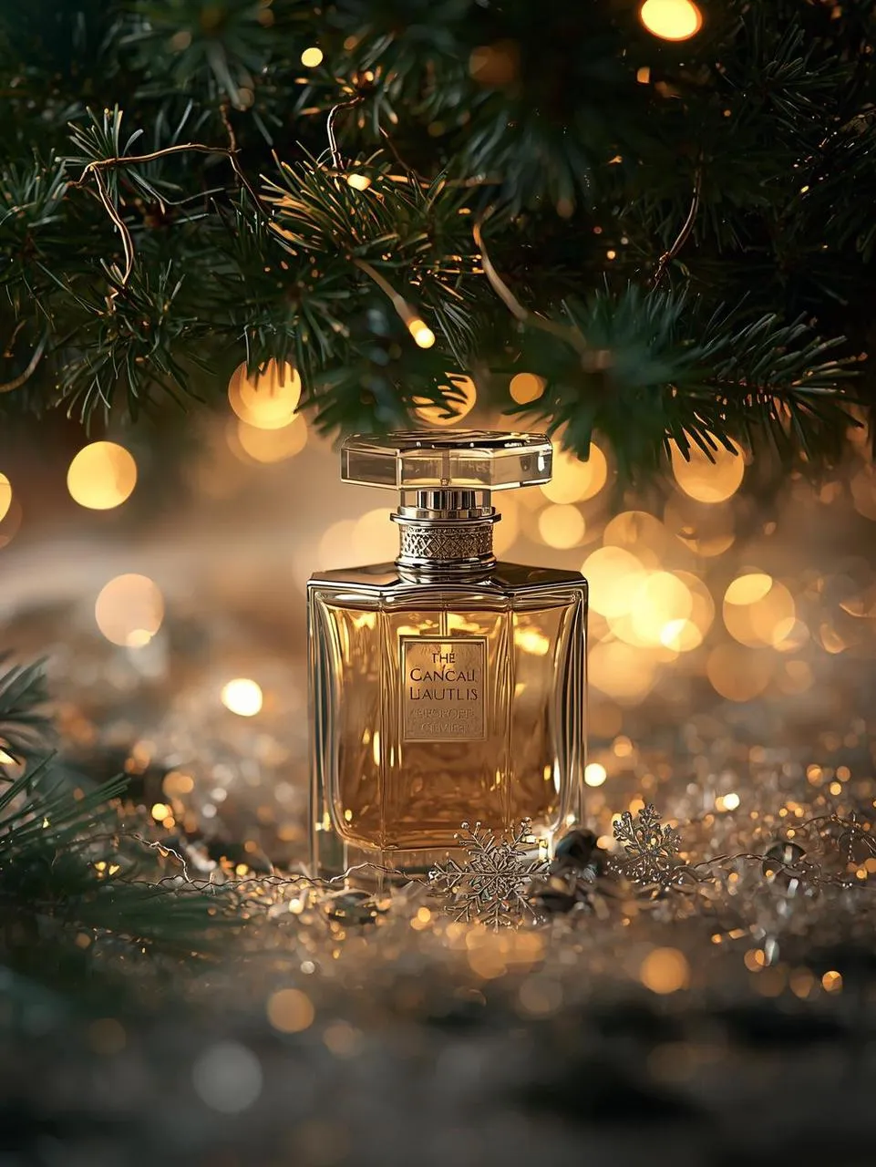 Christmas perfume bottle under tree with golden bokeh, cinematic macro lighting