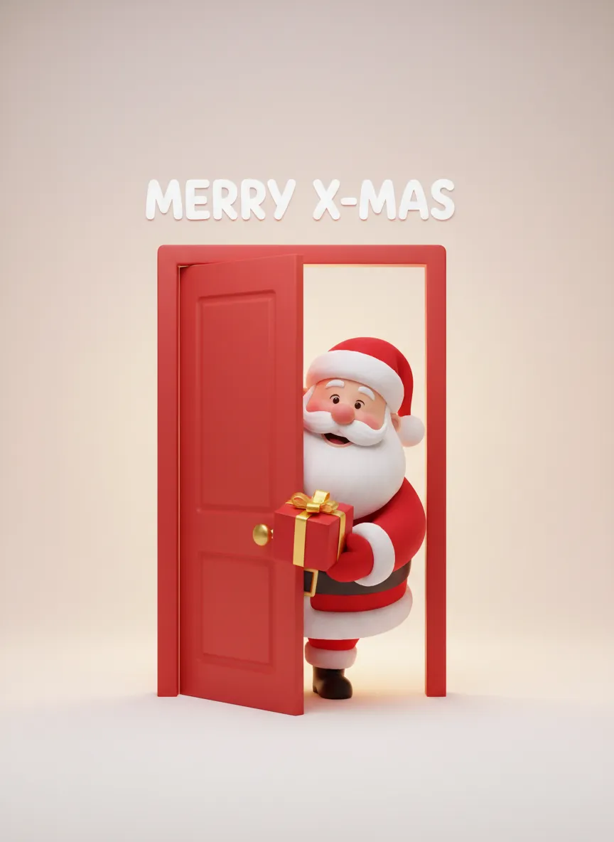 Cute Pixar-style Santa with warm lighting and soft shadows, minimalist backdrop