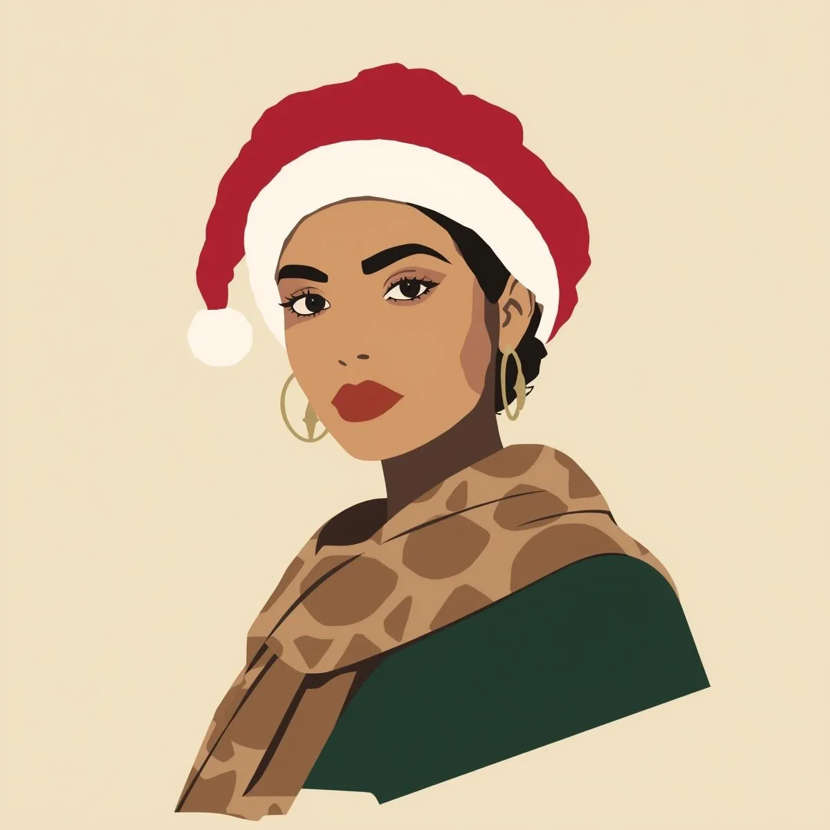 Modern minimalist Christmas portrait with gold earrings on beige/green background