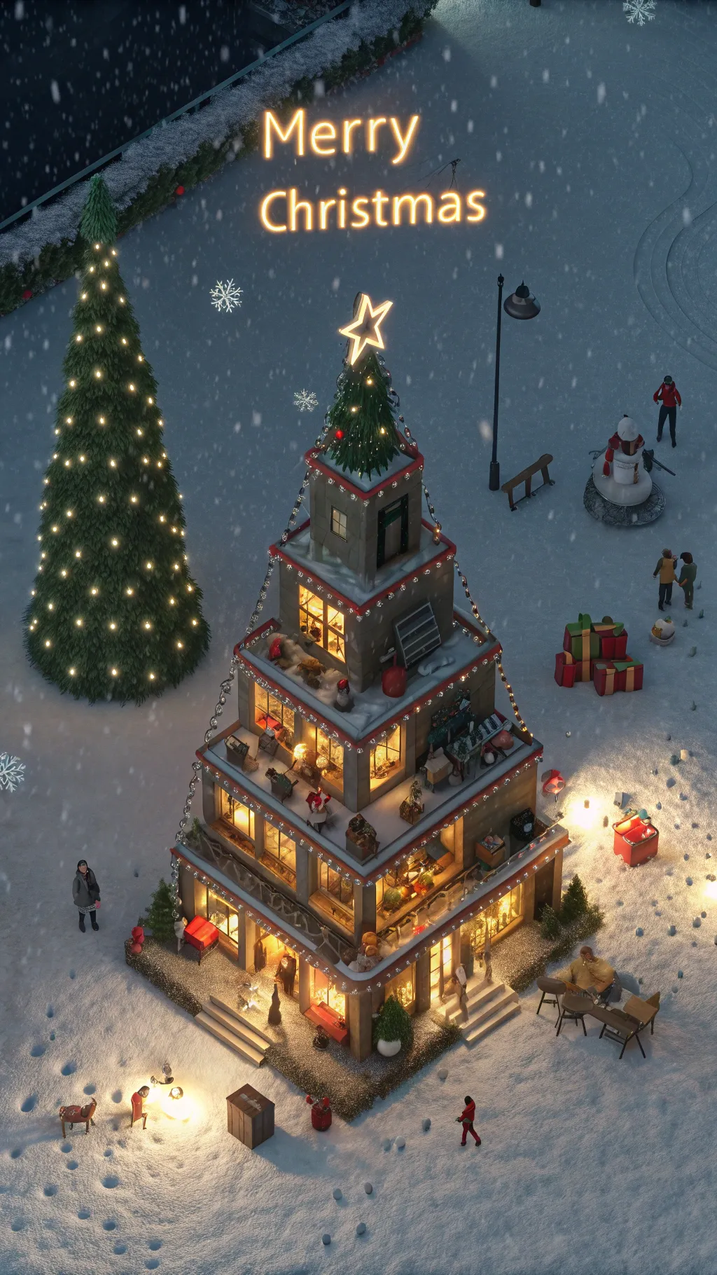 C4D/Octane 3D Christmas tree-shaped building with warm interior rooms
