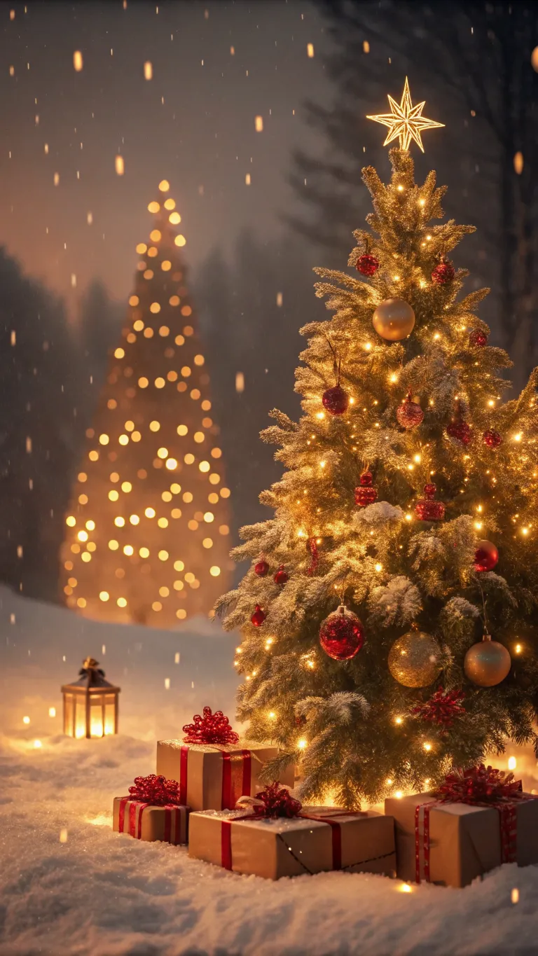 Cinematic Christmas phone wallpaper with glowing tree and golden bokeh (9:16)