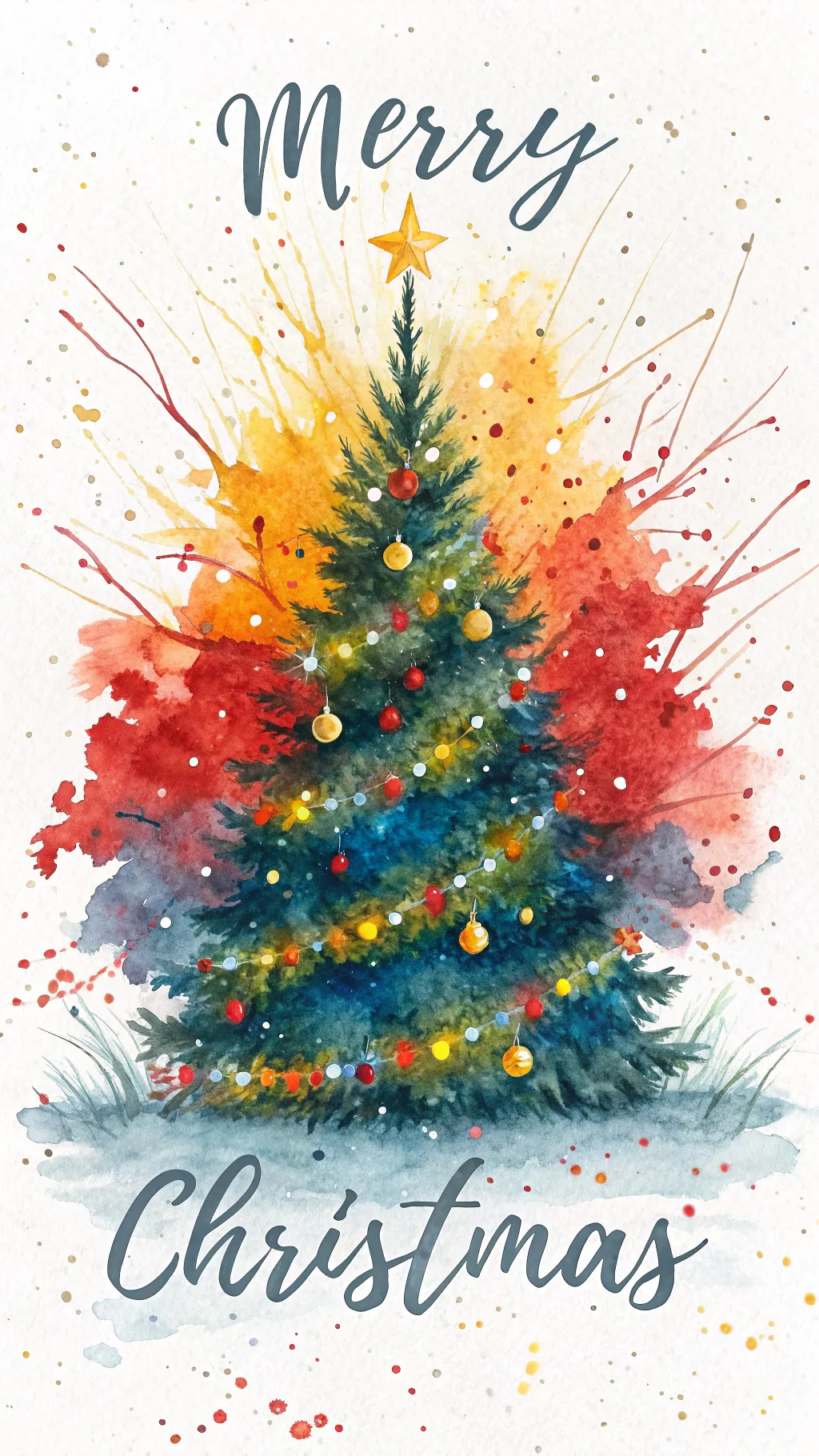 Abstract watercolor Christmas tree with vivid splashes and “MERRY CHRISTMAS” typography