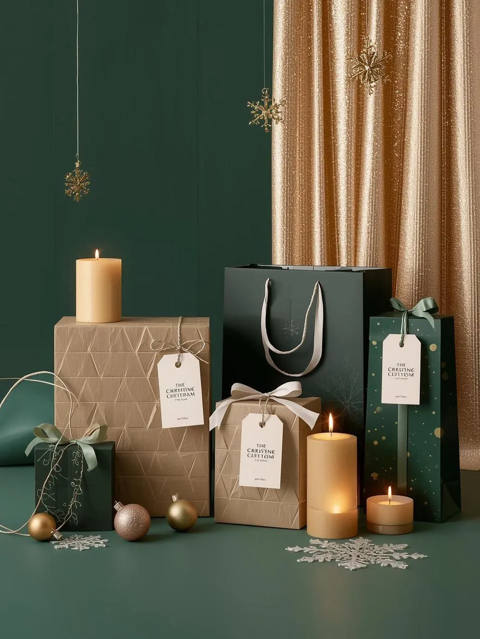 Elegant Christmas packaging display in minimalist commercial style