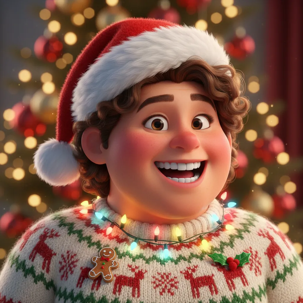 3D realistic Christmas portrait with Santa hat, cozy sweater and bokeh background