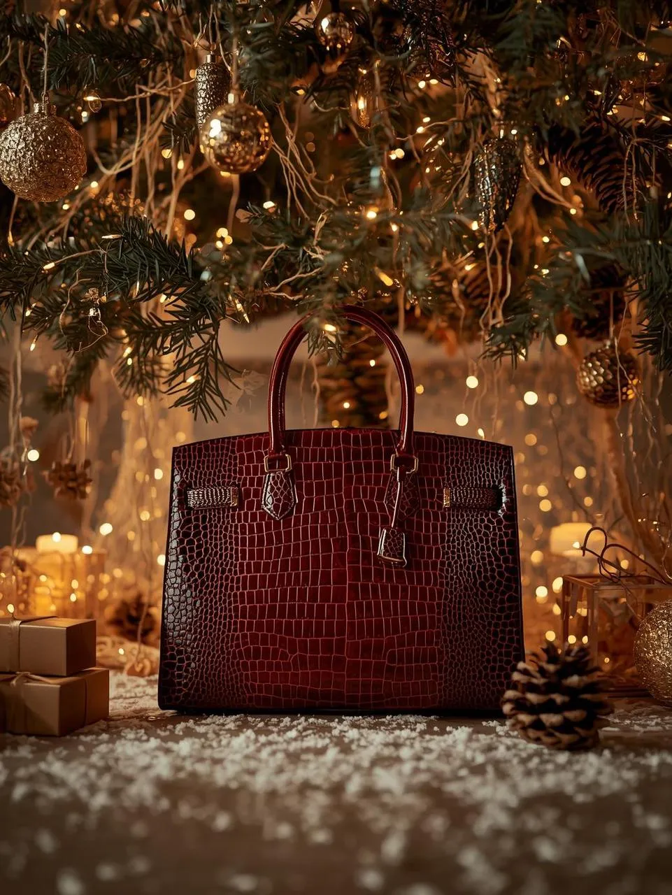 Luxury handbag display under Christmas tree with golden ornaments and bokeh