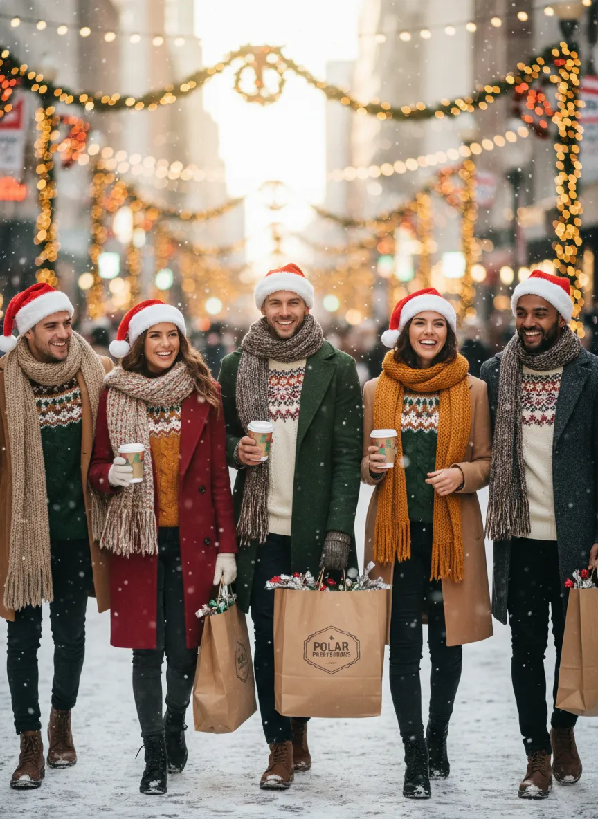 Cozy Christmas streetwear lifestyle photo with snow, lights and warm tones