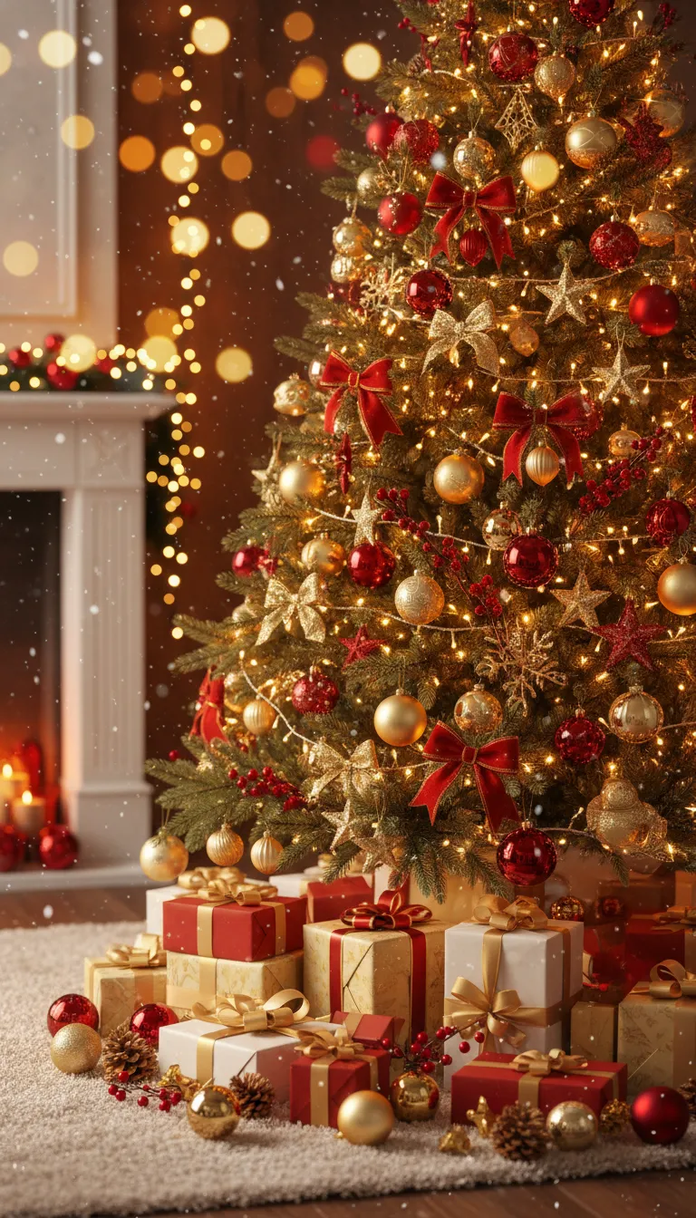 Elegant Christmas phone wallpaper with ornaments and gifts, photoreal texture (9:16)