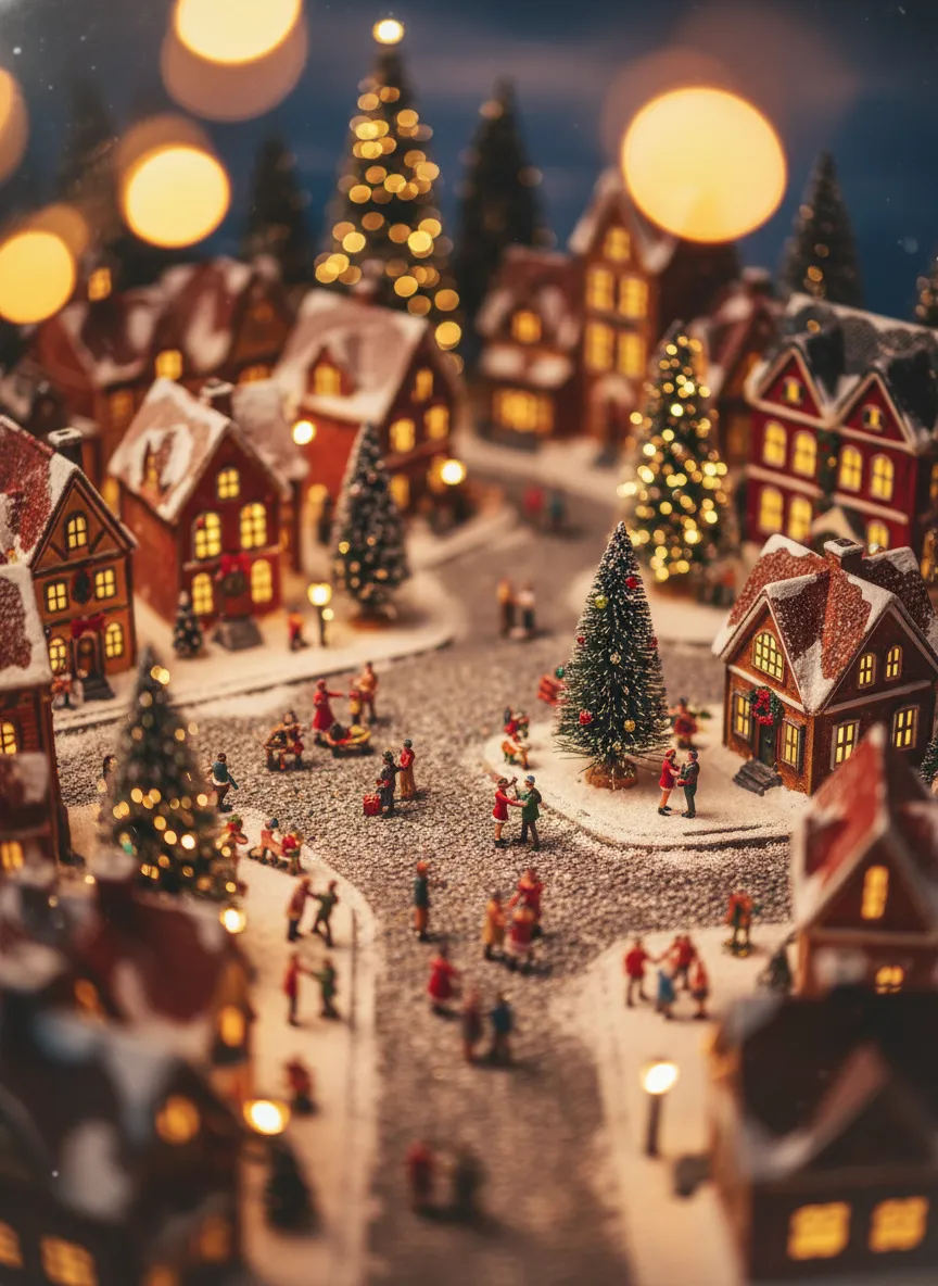 Realistic miniature Christmas village with tilt-shift depth and golden lights