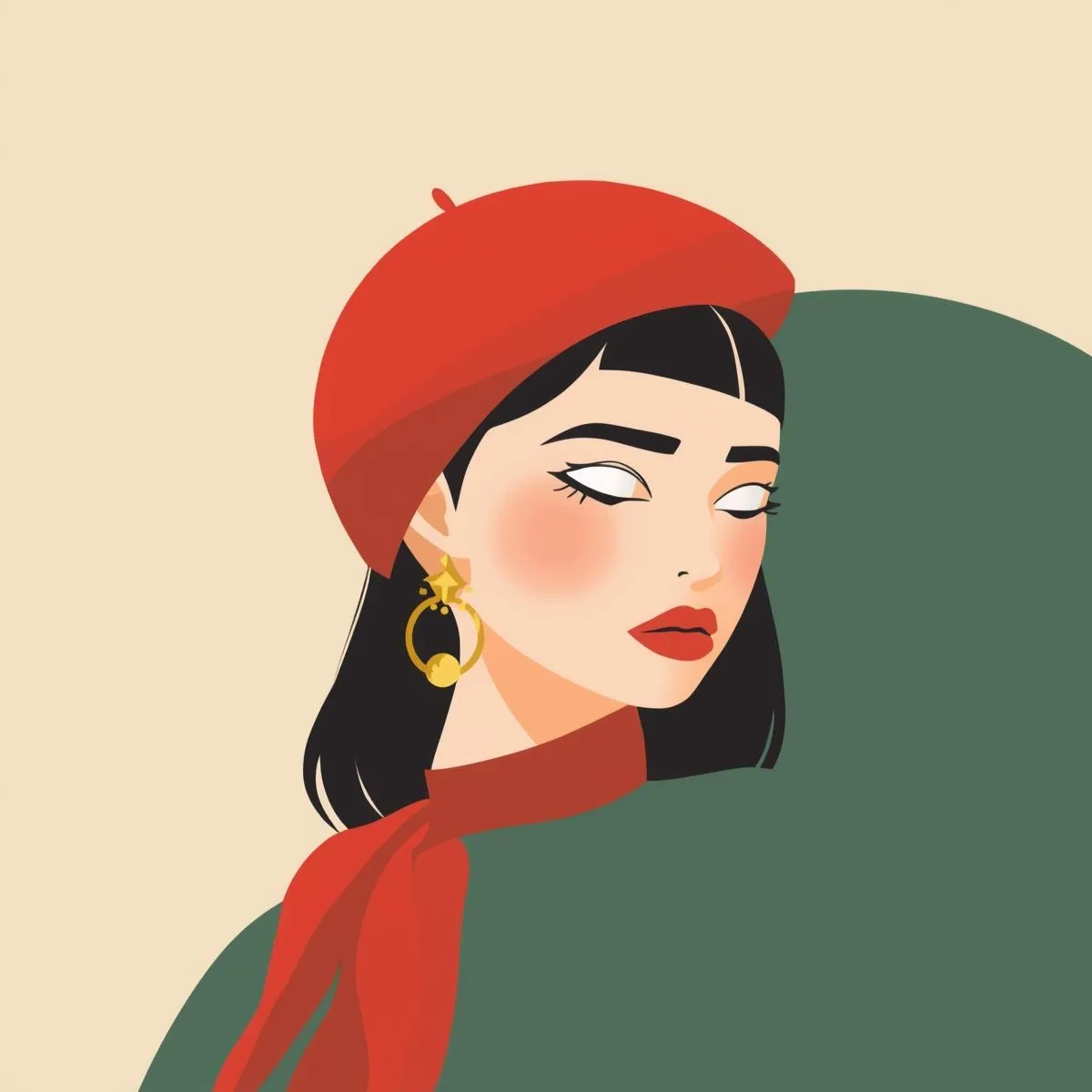 Minimalist Christmas portrait with red beret, geometric shapes and fashion look