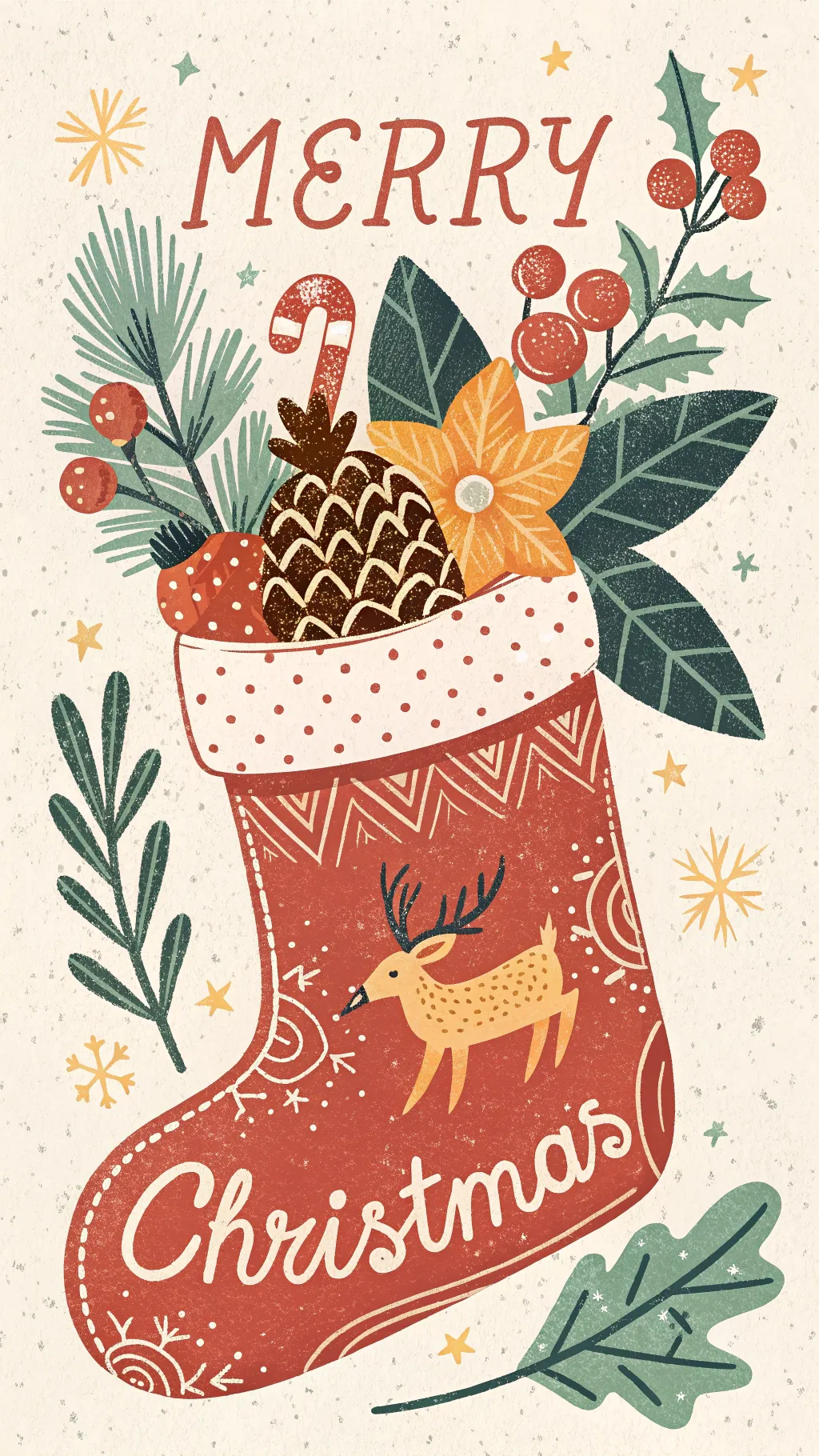 Minimalist Christmas stocking illustration with foliage and textured shapes