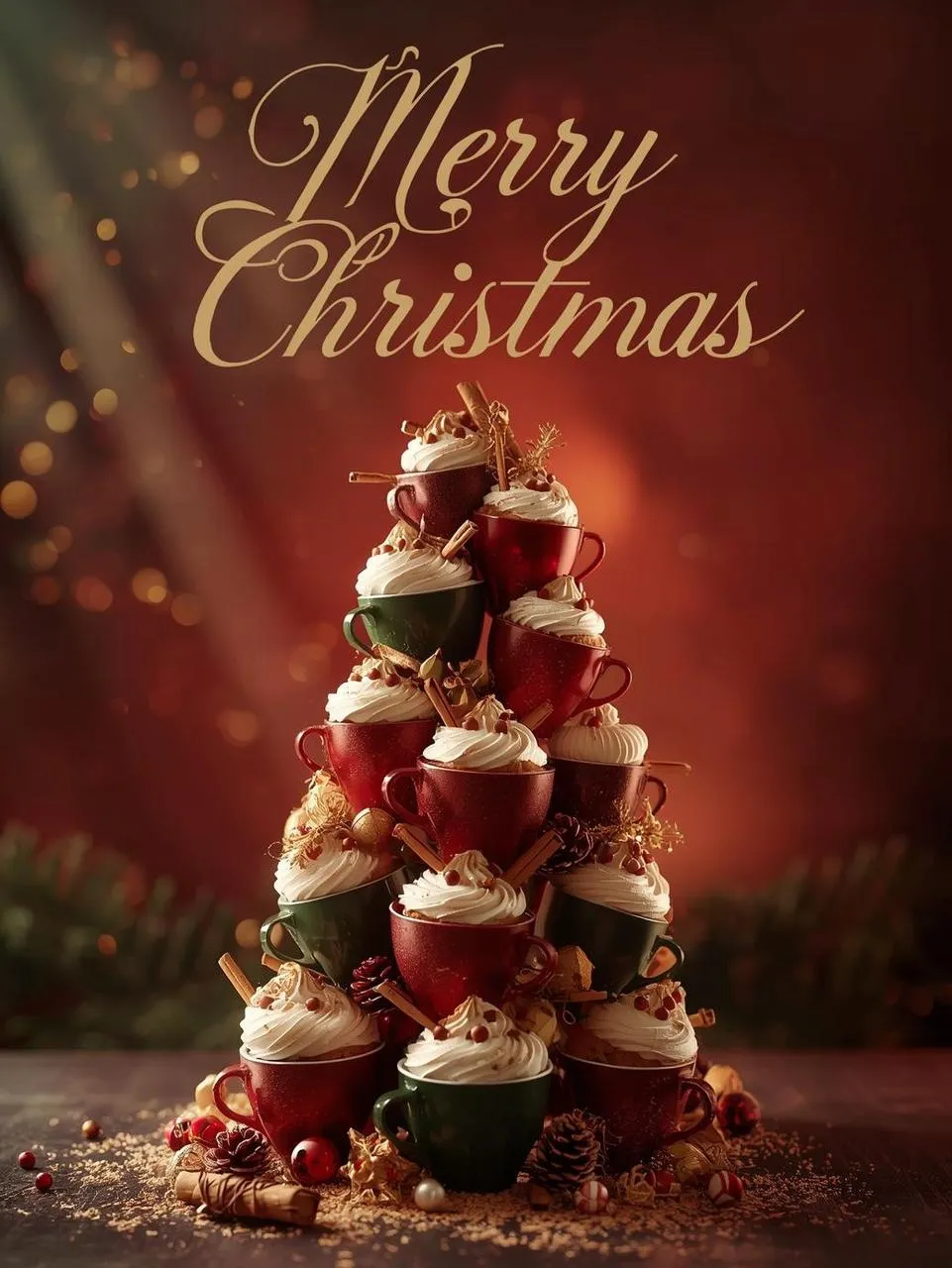 Creative Christmas poster featuring stacked coffee cups forming a festive tree with cozy café vibes