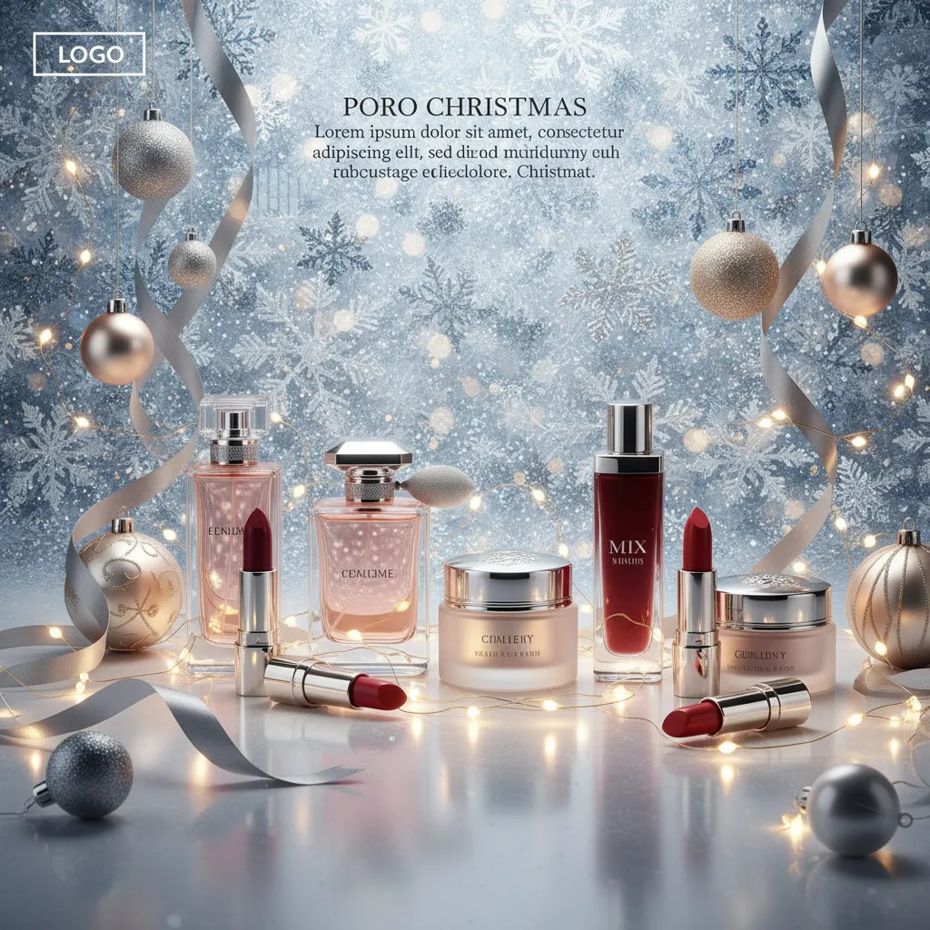 Luxury Christmas beauty product banner with silver-gold decor and studio reflections