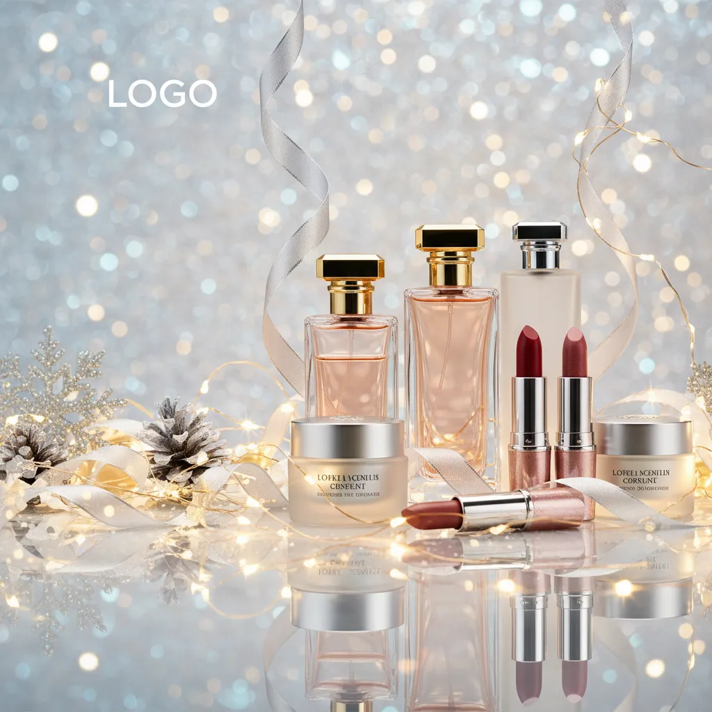 Elegant holiday beauty banner with premium products, twinkling lights and headline space