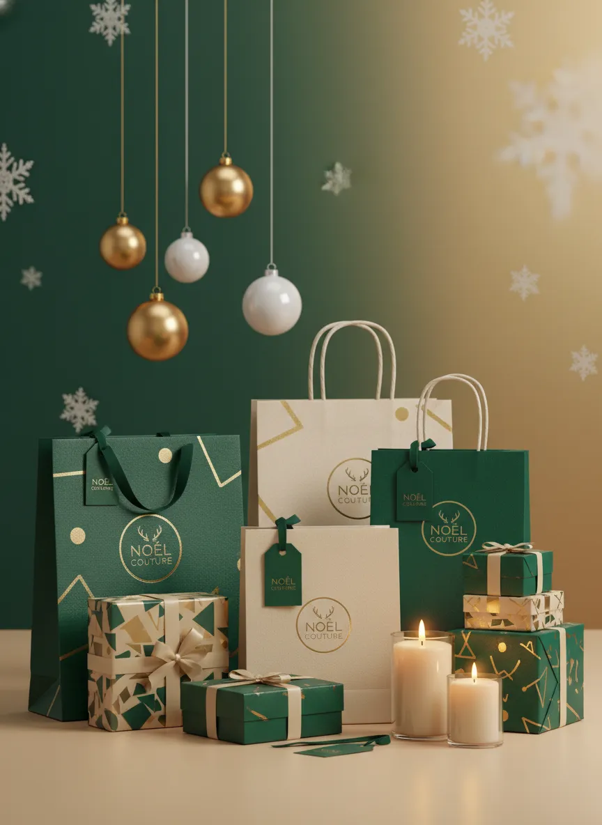 Minimal holiday branding setup with candles, ornaments and clean layout