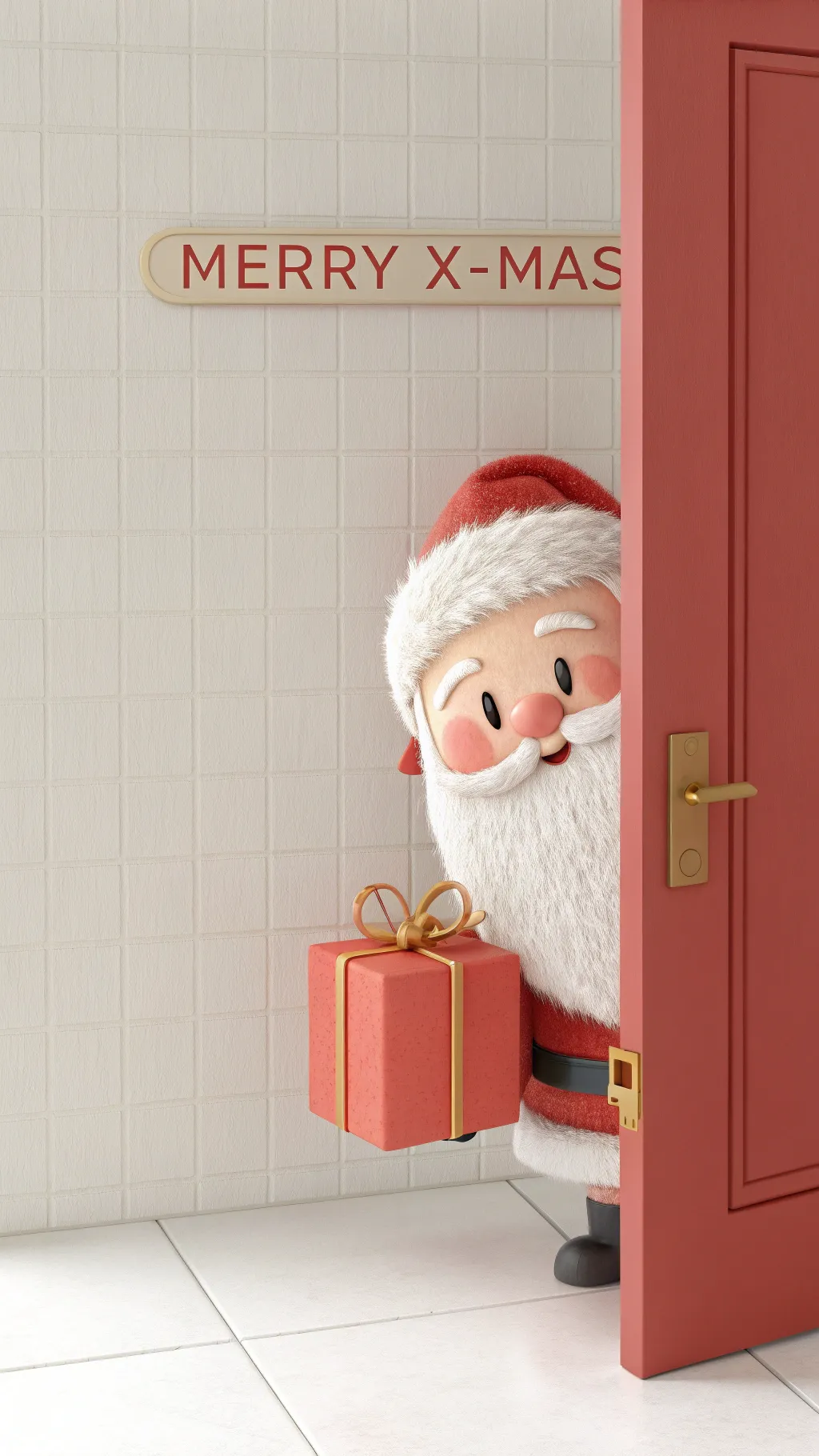 3D Santa concept art peeking behind red minimalist door with golden gift box
