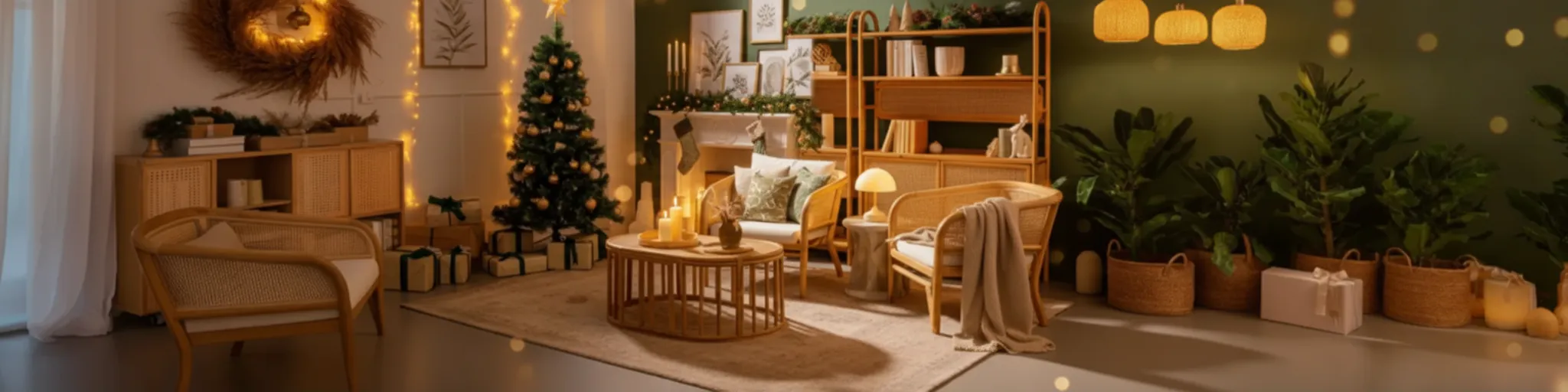 Warm Christmas living room banner with tree, fireplace and cozy ambient lighting