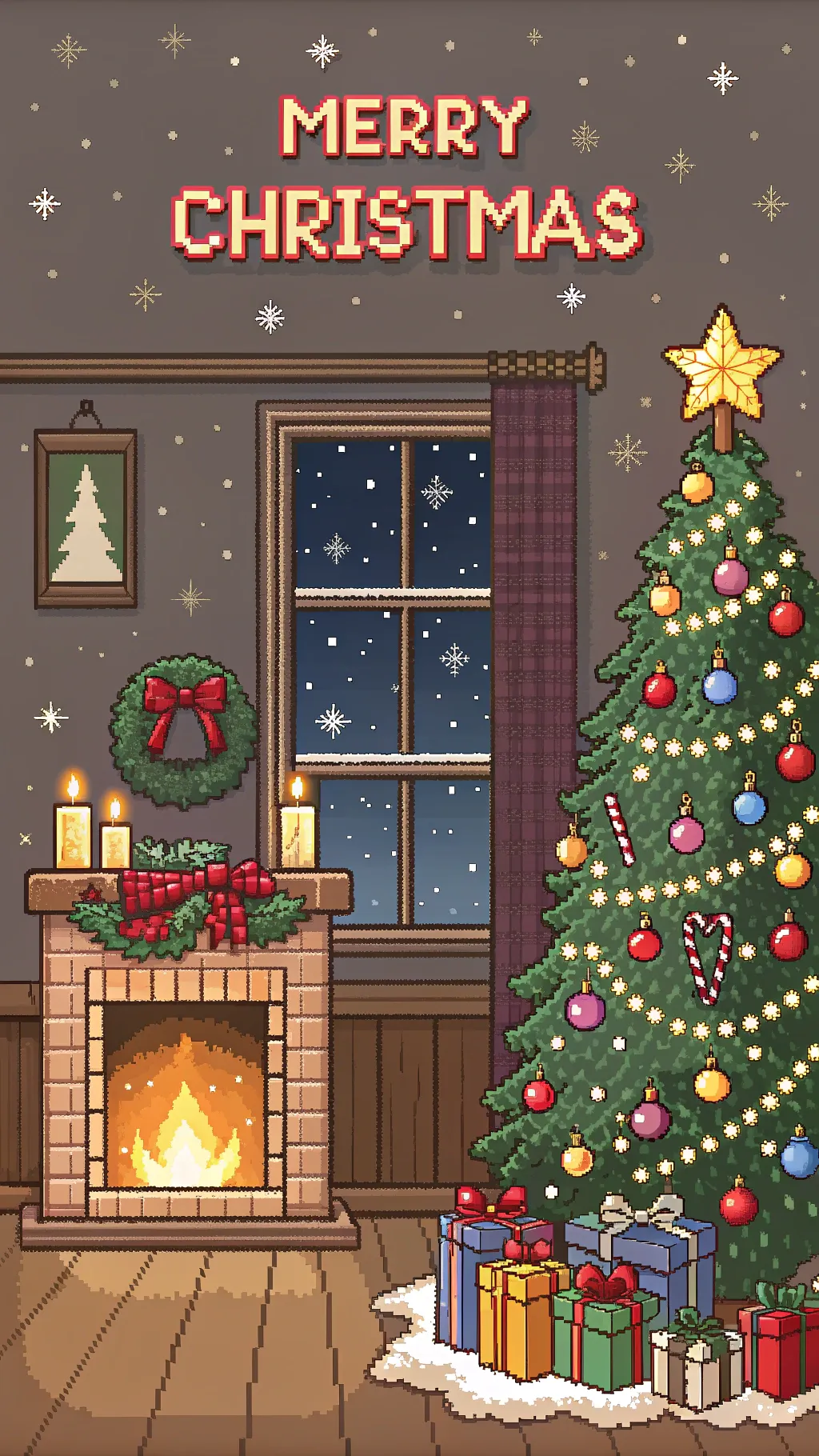 Cozy 16-bit pixel art Christmas living room with glowing fireplace and tree