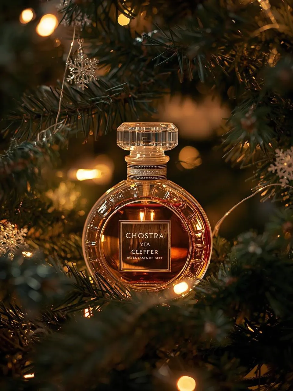 Elegant Christmas perfume composition with warm golden atmosphere and soft lights