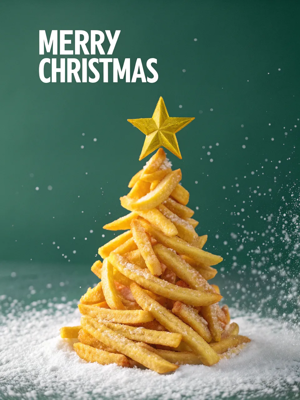 Creative Christmas poster with golden French fries tree on deep green background, “Merry Christmas” text