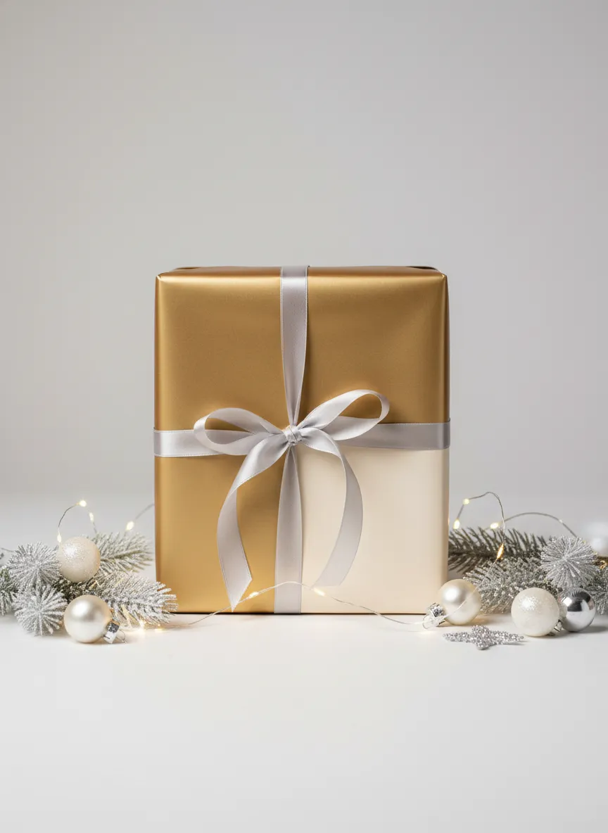 Luxury Christmas gift box in matte gold and ivory with soft reflections, studio style