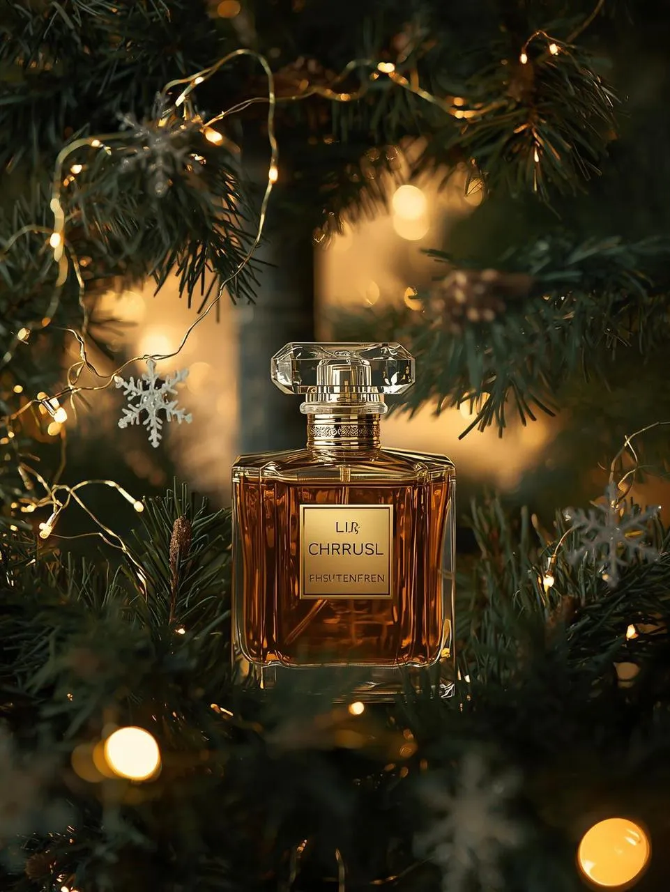 Luxury perfume scene with pine branches, shimmering snowflakes and warm glow