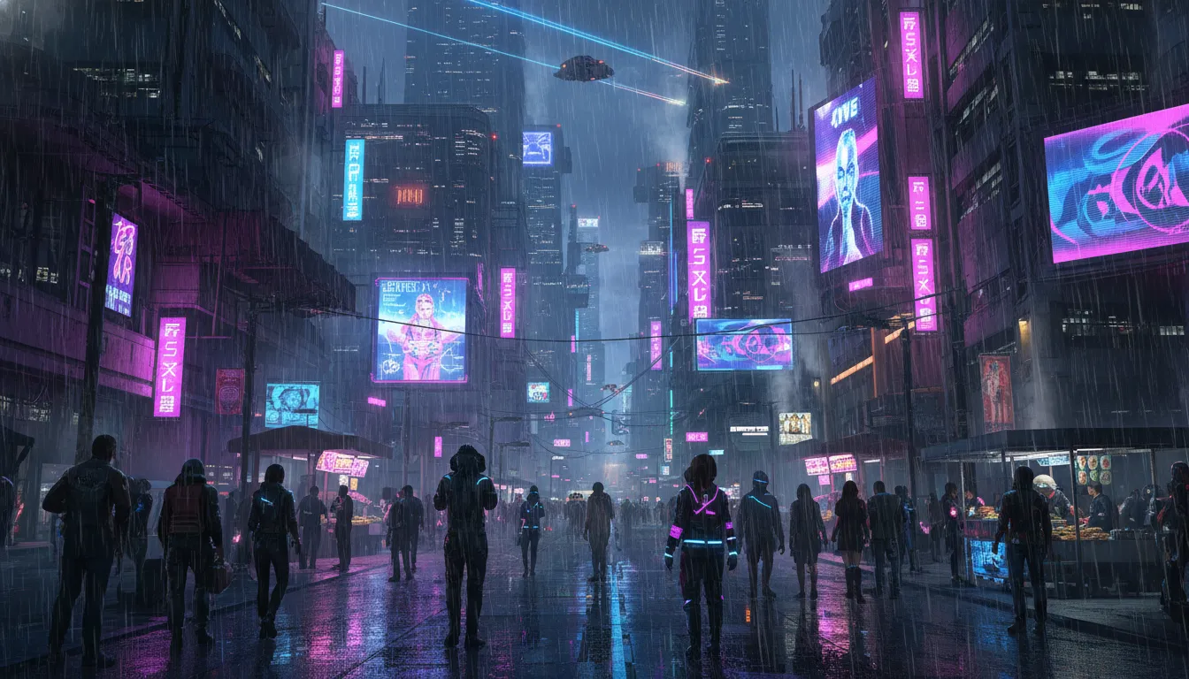 Cyberpunk cityscape at night with neon-lit skyscrapers, flying cars, and diverse people in futuristic fashion, featuring vibrant neon colors and atmospheric mist.