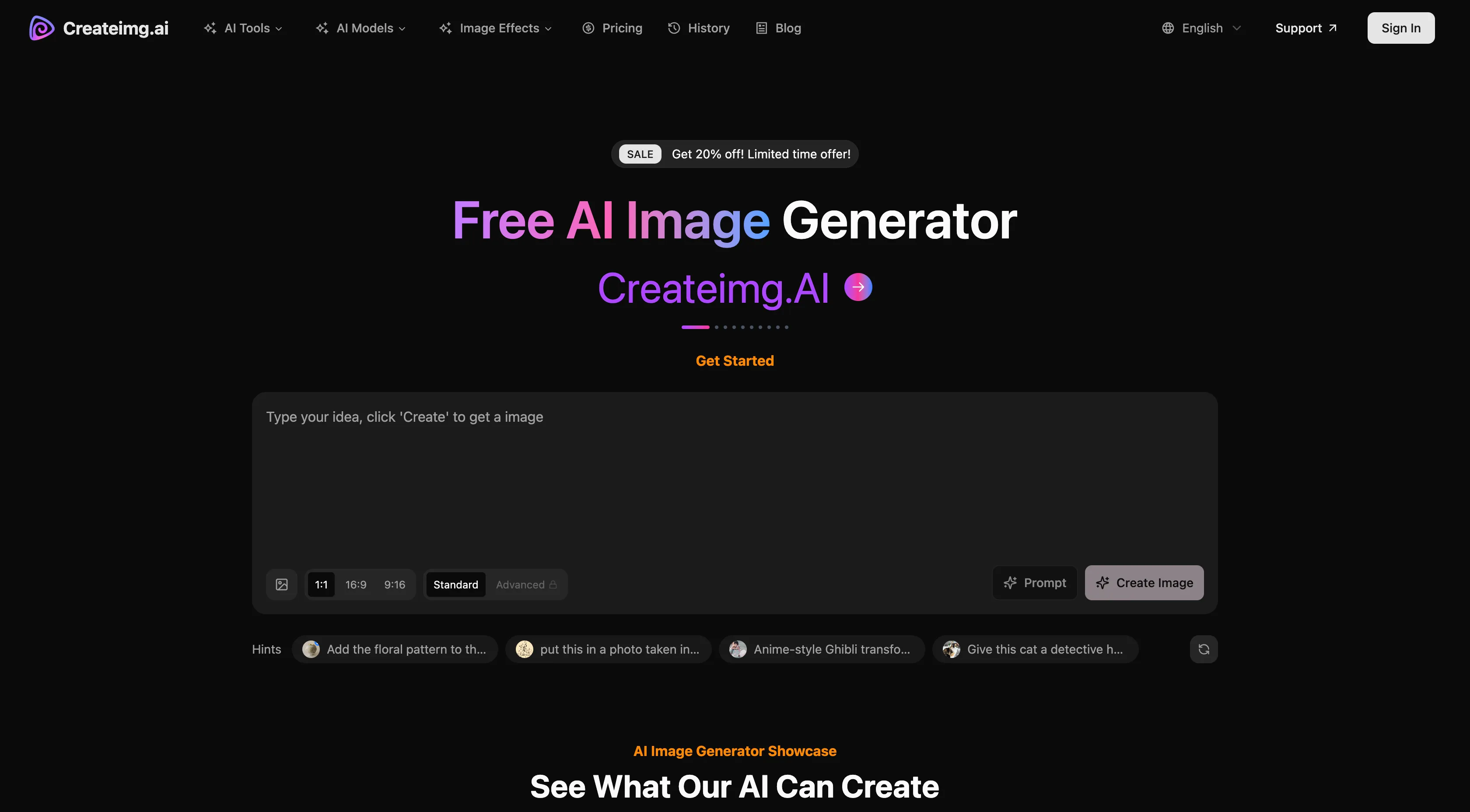 Screenshot of the Createimg.ai homepage showing the AI image generation interface and prompt input box.